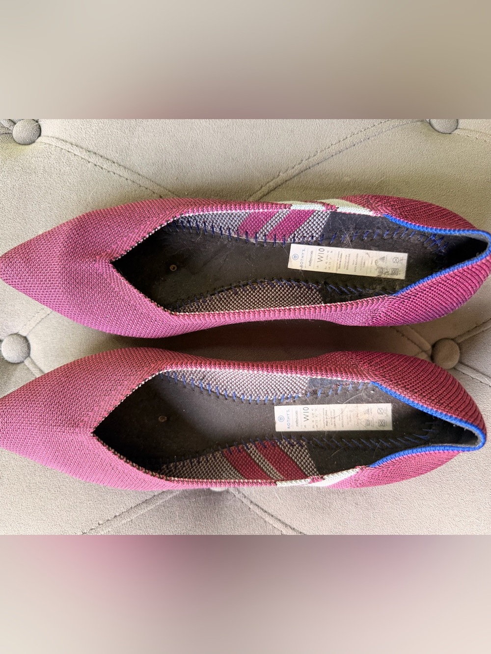 Rothy’s Blue Halo  Pink Knit Slip-On Flats with Multicolor Stripe Accents